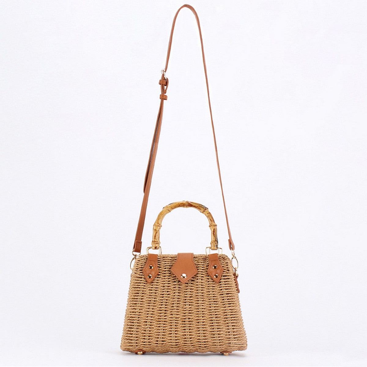 Straw Beach Bag Bamboo Handle - Camel