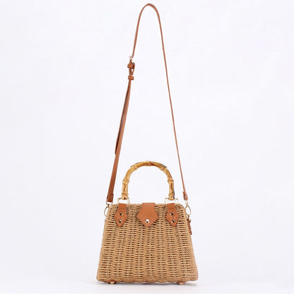 Straw Beach Bag Bamboo Handle - Camel