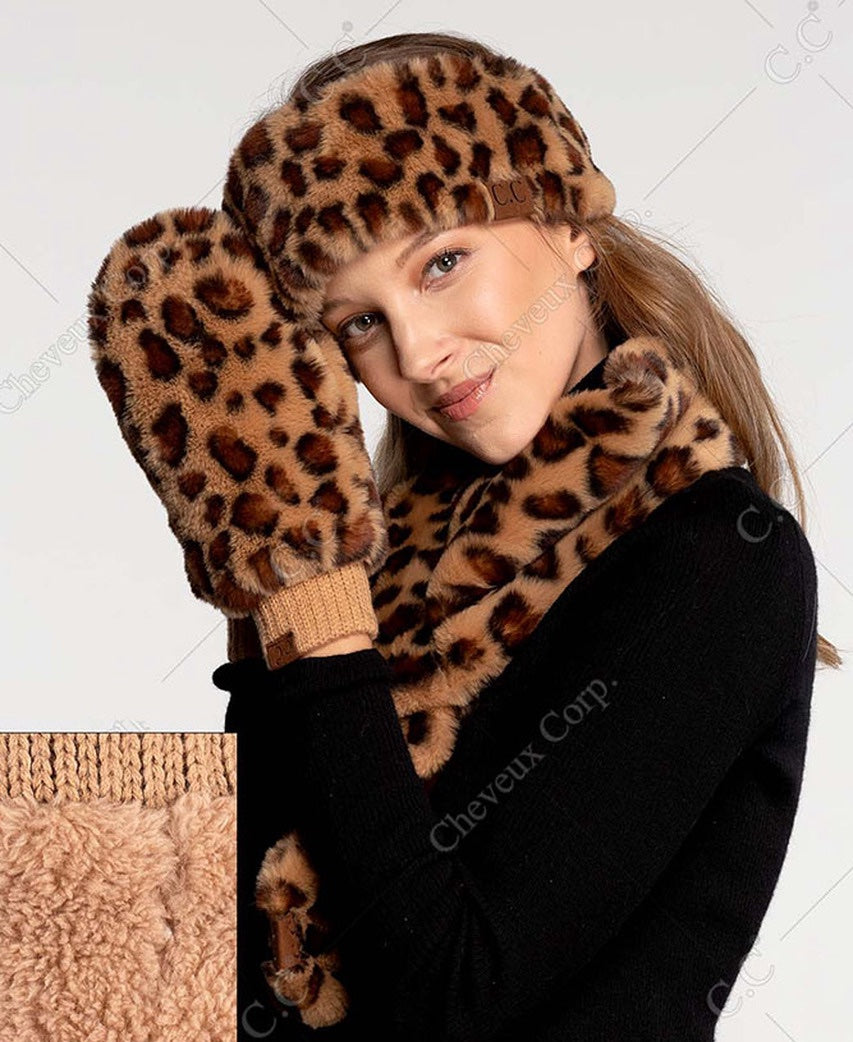 Faux Fur Leopard Pattern Mitten Glove - Beige