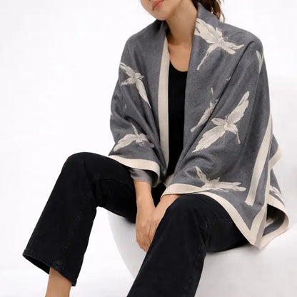 Reversible Wrap - Gray / Ivory Dragonflies