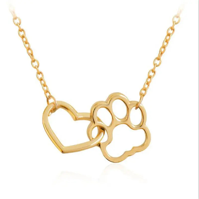 Charm Necklace - Dog Paw Heart Interlocking (Gold)