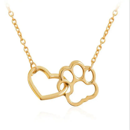 Charm Necklace - Dog Paw Heart Interlocking (Gold)