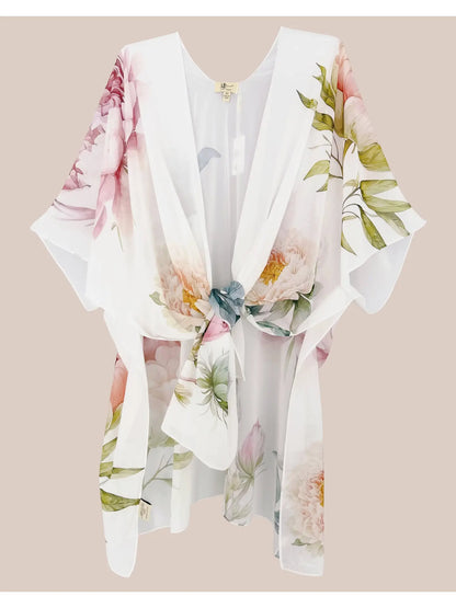 Kimono - White Multi Peonies in Joyful Blossom