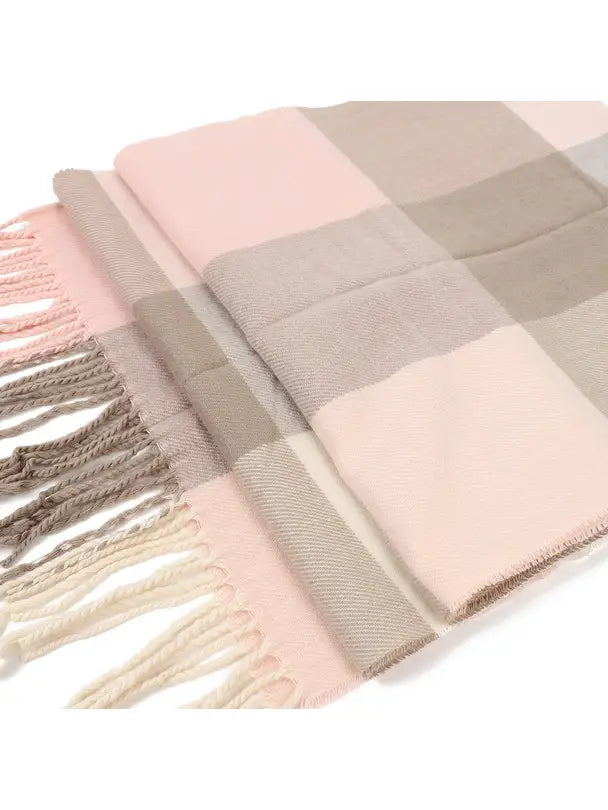 Cashmere Feel Winter Scarf - Light Brown Pink Checkered