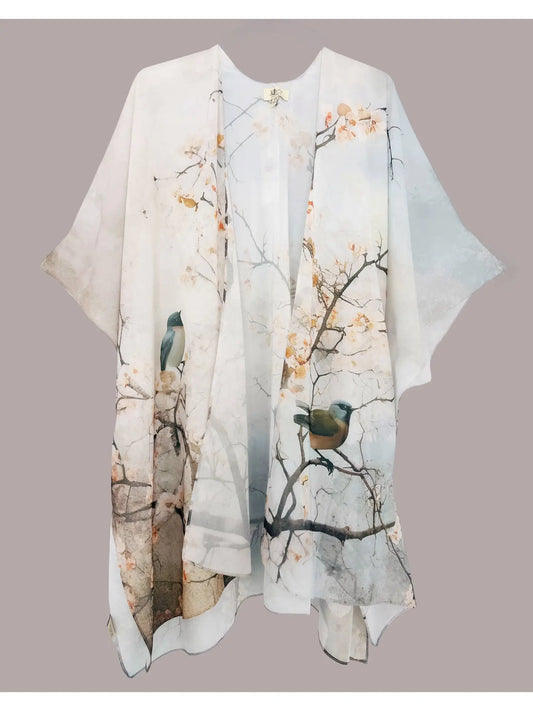 Kimono - Gray Multi Whispers of Blooms & Birds