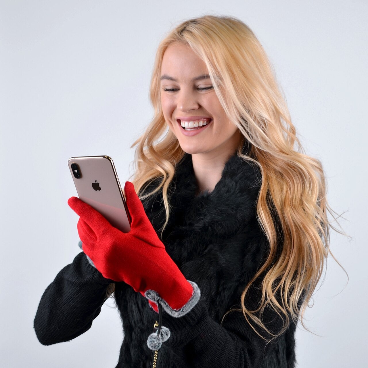 Woman's Winter Gloves - Red W Pom Pom (LG)