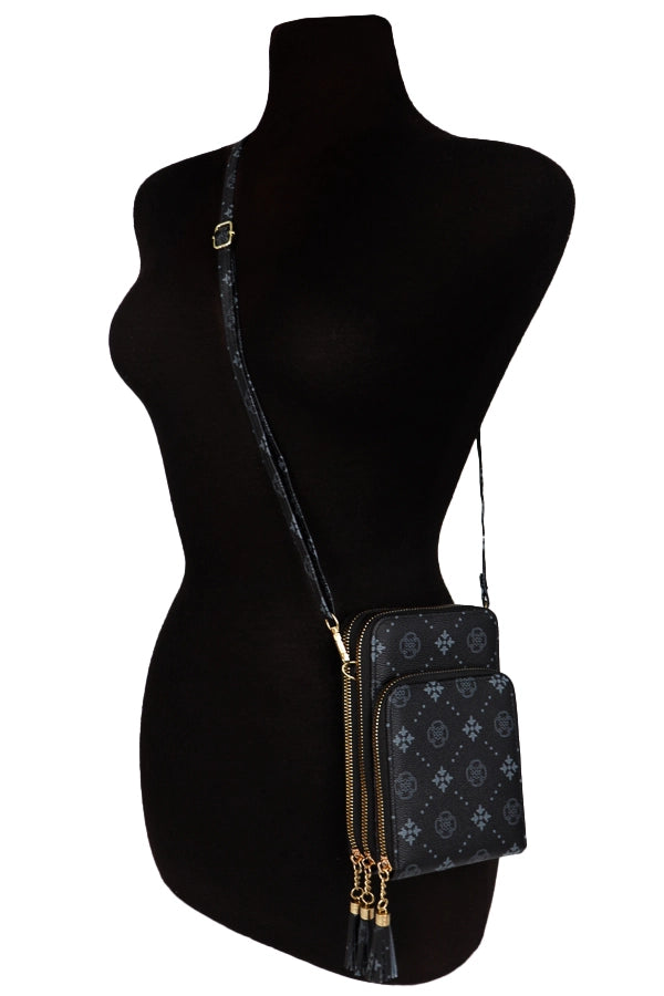 Triple Zippered Crossbody Bag - Black