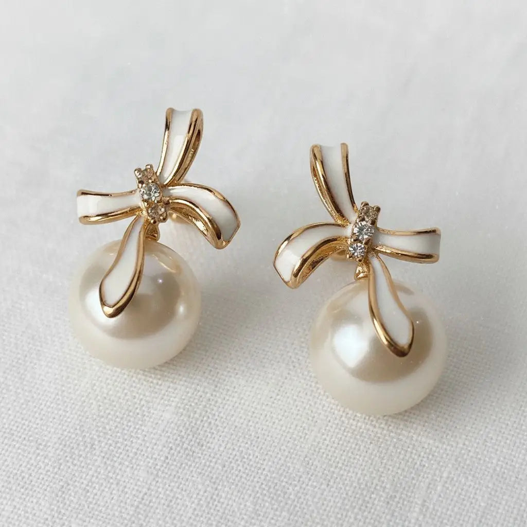 Stud Earrings - Pearl Bowknot with French Elegance