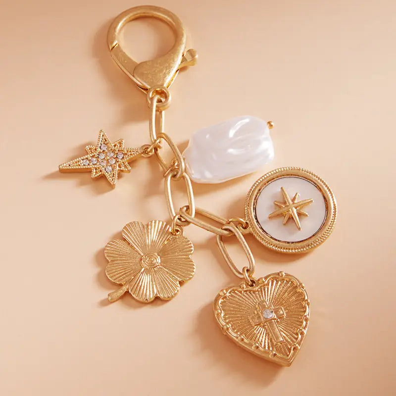 Bag Charm Keychain - Heart Clover Pearl Mix