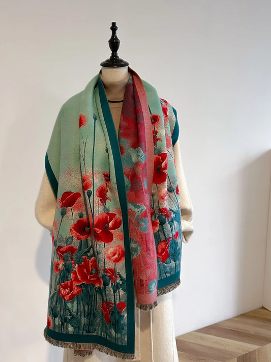 Reversible Wrap - Shawl Turq / Red Poppy Fiel