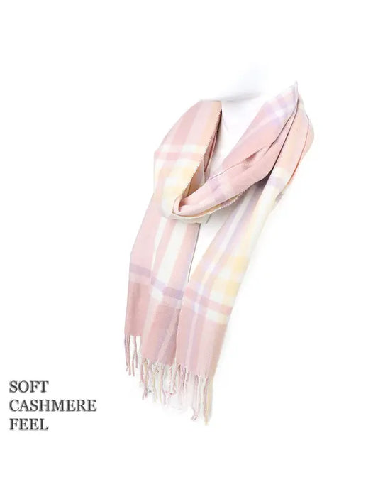 Cashmere Feel Winter Scarf - Pink Yellow Plaid