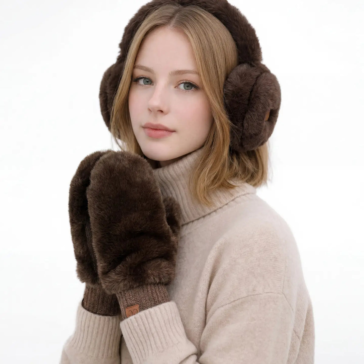 Faux Fur Mittens with Shepherd Lining - Brown
