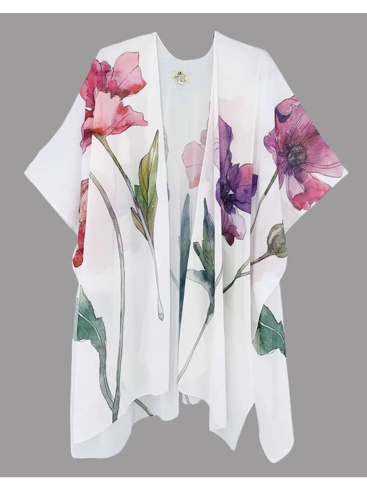 Kimono - White-Multi Floral Painting