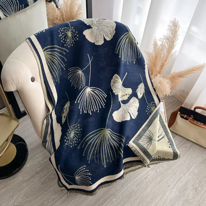 Reversible Wrap - Navy / Cream Falling Ginkgo