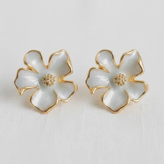 Stud Earrings - French Enamel Gardenia