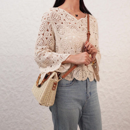 Straw Beach Bag Bamboo Handle - Beige