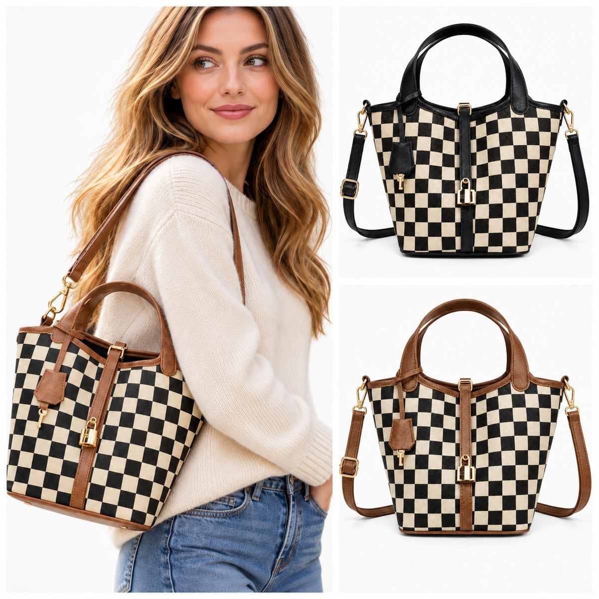Shoulder Crossbody Tote Bag - Brown