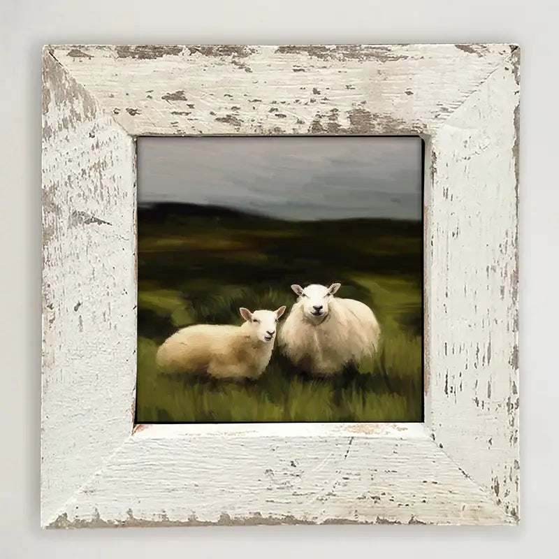 Framed Art 8in - Two Sheep Pasture (White)
