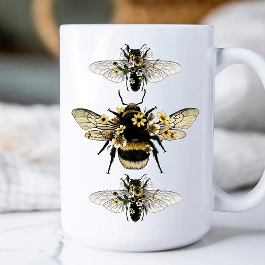 Coffee Mug 15oz - Vintage Bees Flowers