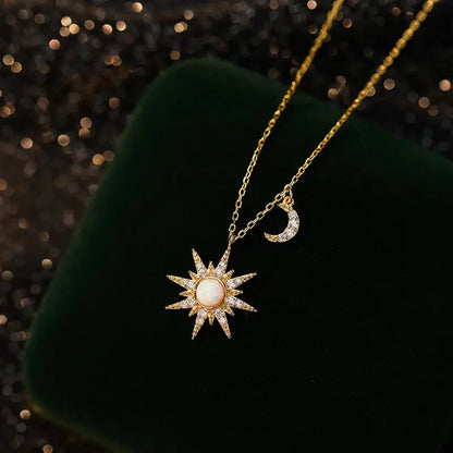 Pendant Necklace - Opal Sun Moon (Silver)
