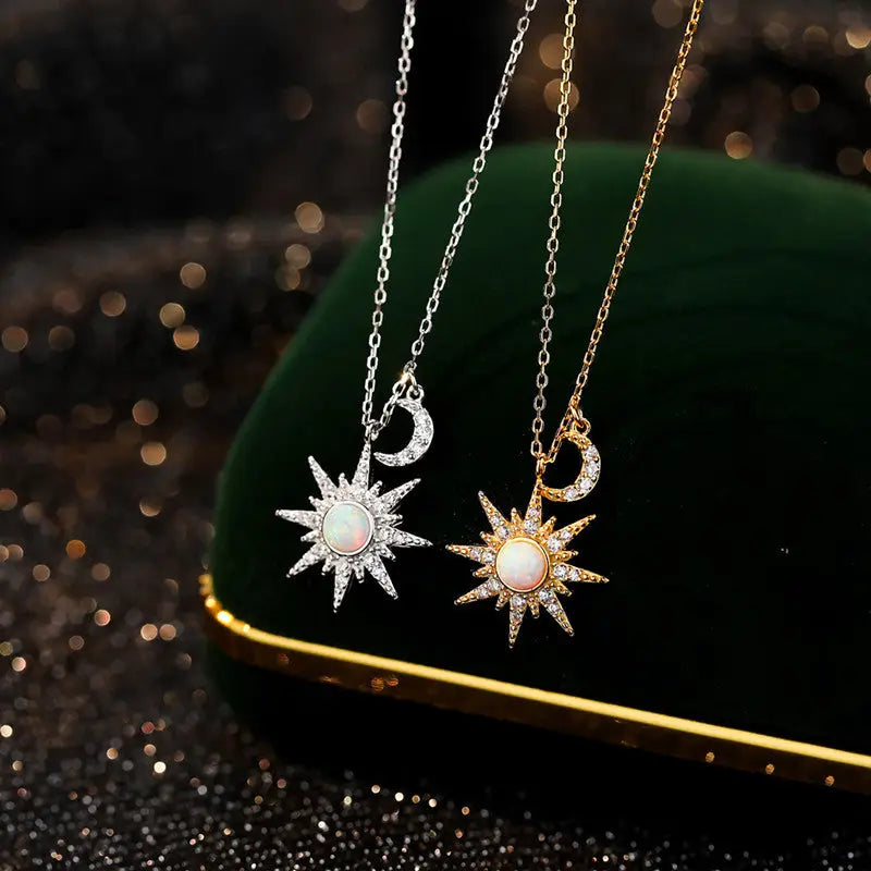 Pendant Necklace - Opal Sun Moon (Silver)