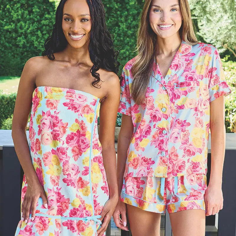 Spa Wrap with Ruffle - Spa Blue + Rose Floral