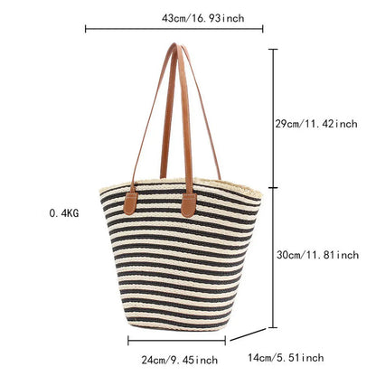Shoulder Straw Bag - Black & Camel