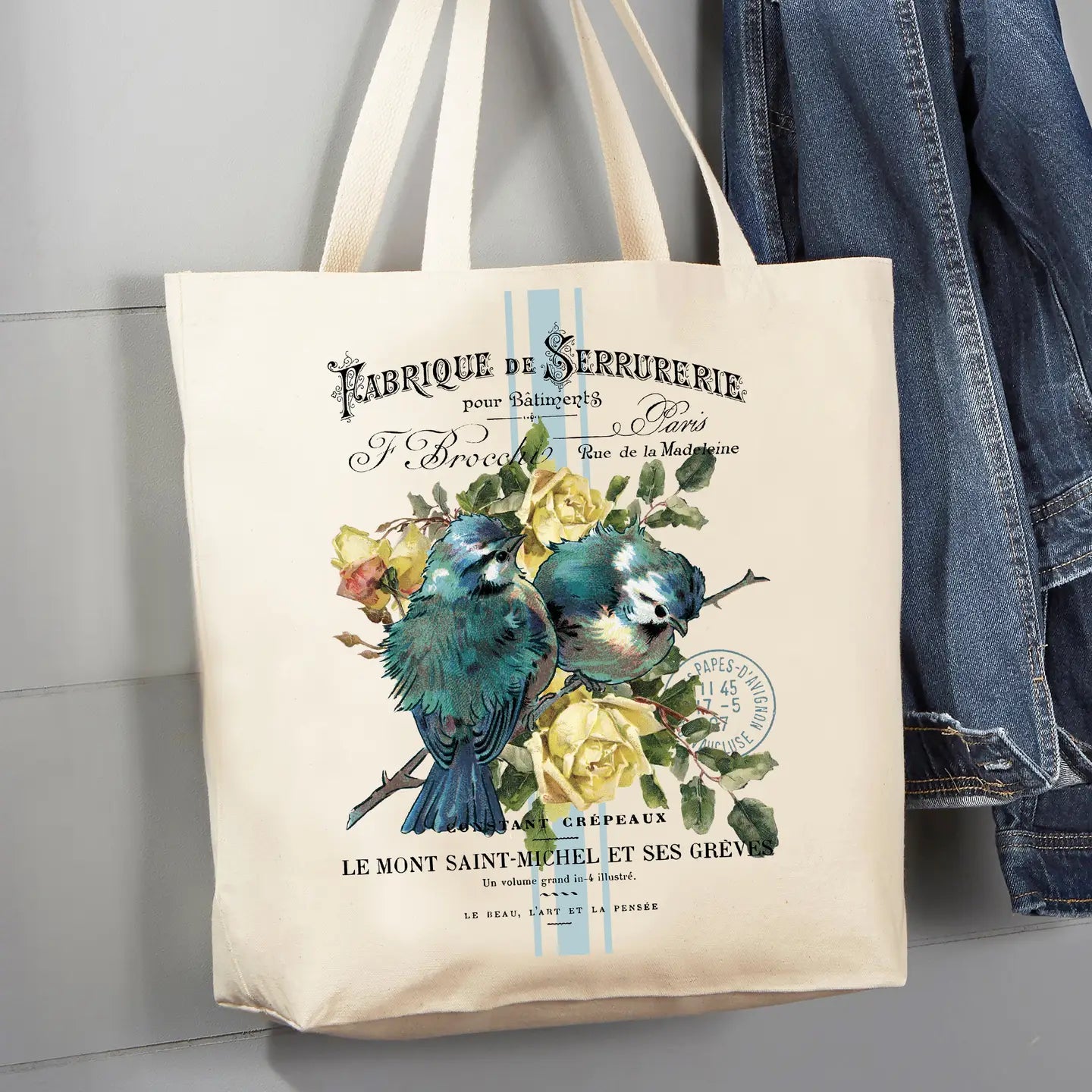 Canvas Tote Bag 12oz - Vintage French Birds Roses