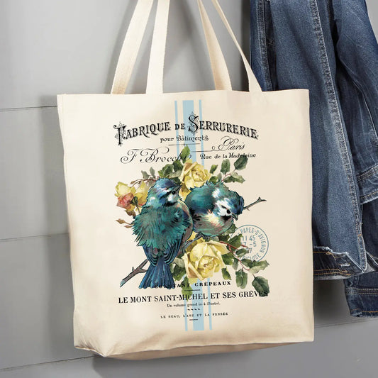 Canvas Tote Bag 12oz - Vintage French Birds Roses