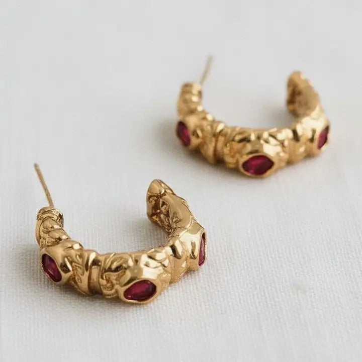 C-Shape Earrings - Red Cubic Zirconia Geometric