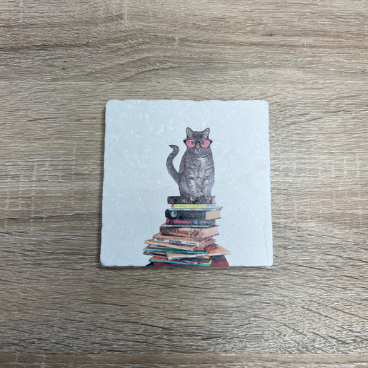 Natural Stone Coaster - Cat Sitting On Books