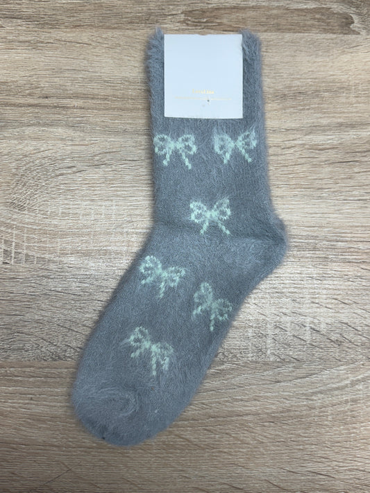 Fluffy Bow Socks - Grey