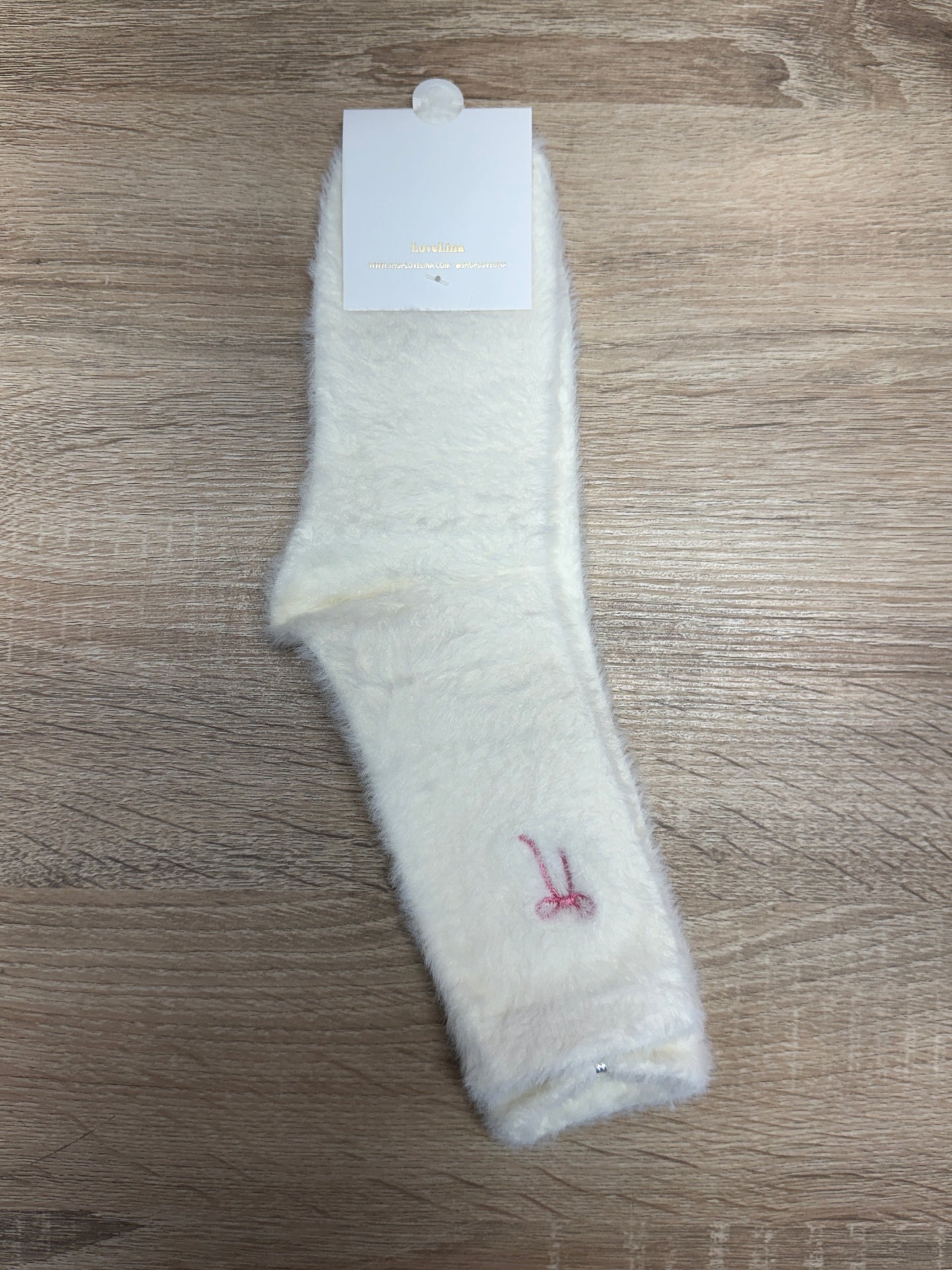 Soft Winter Fuzzy Bow Socks - Cream