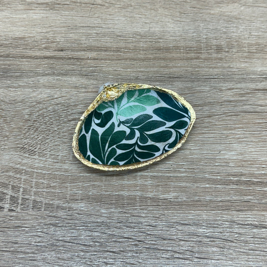 Decoupaged Clam Shell - Green Leaves