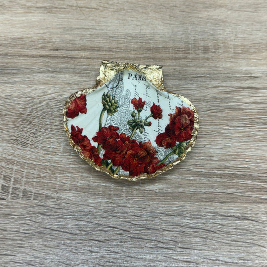 Decoupaged Scallop Shell - Paris Red Flowers