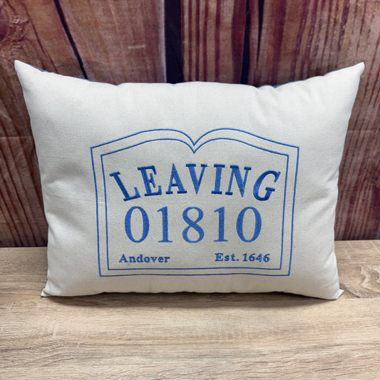 Zip Code Pillow - Leaving 01810 (Light Blue Thread)