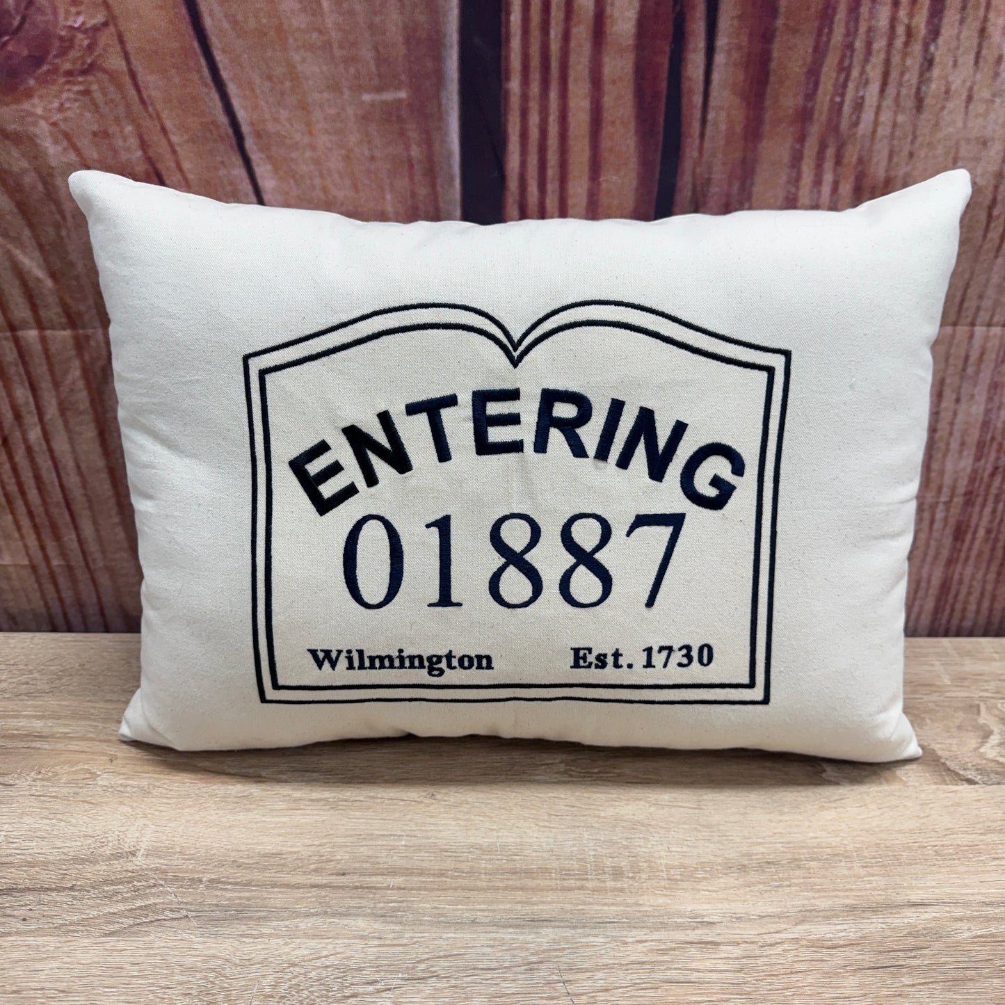 Zip Code Pillow - Entering 01887 (Blue & Black Thread)