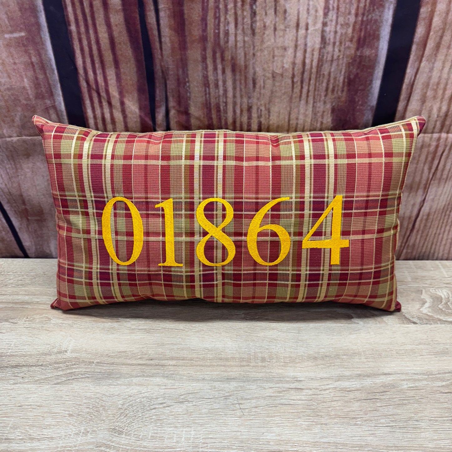 Zip Code Pillow - 01864 (Red Plaid) (Yellow Thread)