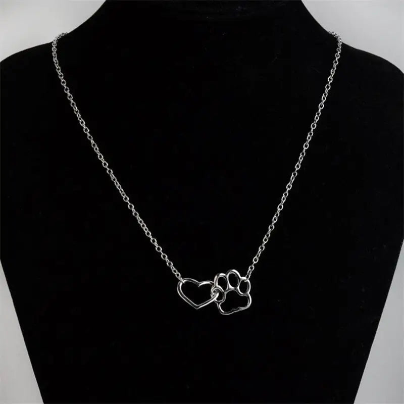 Charm Necklace - Dog Paw Heart Interlocking (Silver)