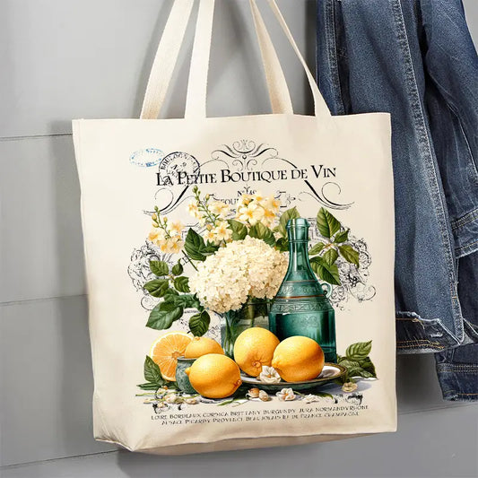 Canvas Tote Bag 12oz - Vintage French Flower Lemons