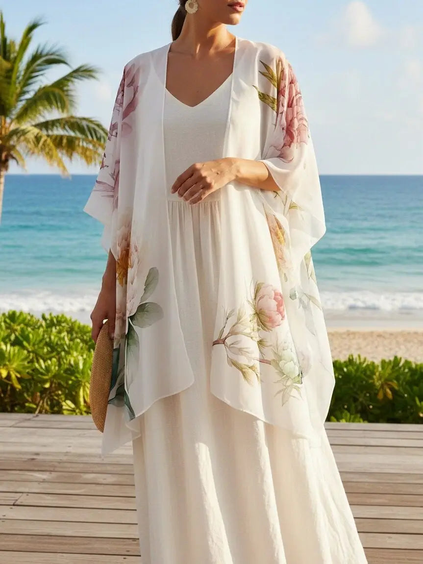 Kimono - White Multi Peonies in Joyful Blossom