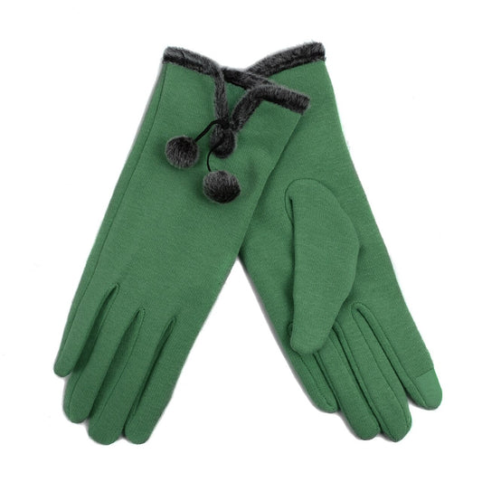 Woman's Winter Gloves - Green W Pom Pom (SM)