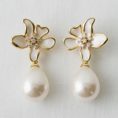 Drop Earrings - Enamel Floral-Inspired Zirconia