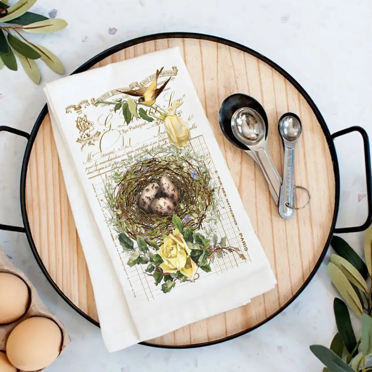 Cotton Tea Towel - Vintage Shabby Chic Birds Nest Roses