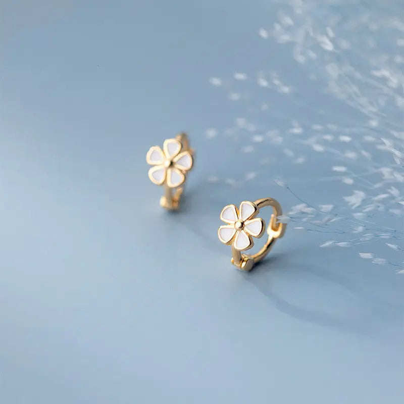 Huggie Earrings - White Enamel Flower (Gold)