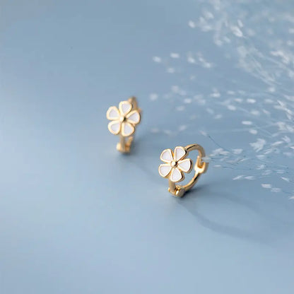 Huggie Earrings - White Enamel Flower (Gold)
