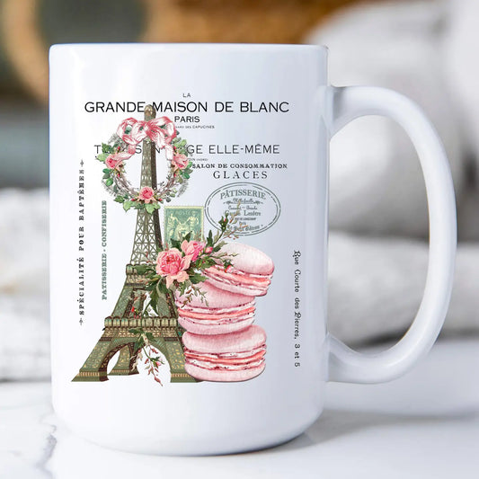 Coffee Mug 15oz - Vintage Paris France Pink Macarons