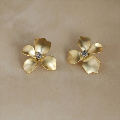 Stud Earrings - Gold Flower Petal Silver Post