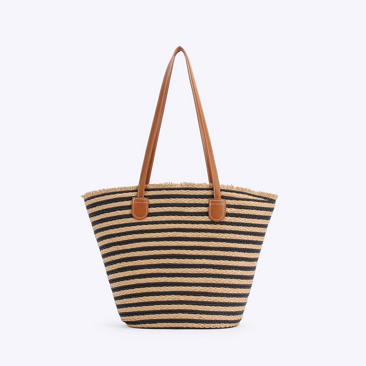 Shoulder Straw Bag - Black & Camel