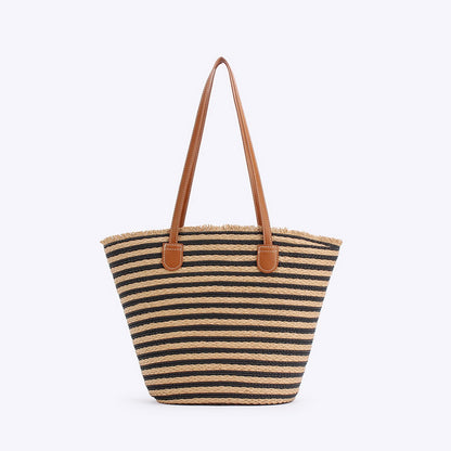 Shoulder Straw Bag - Black & Camel